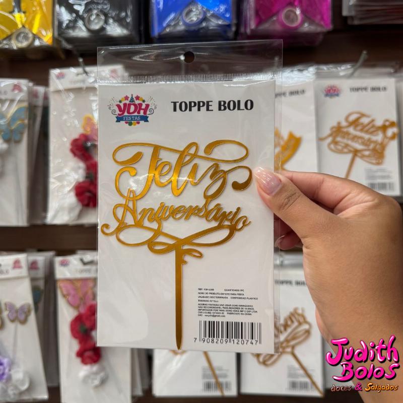 Topo de Bolo Feliz Aniversário - Dourado