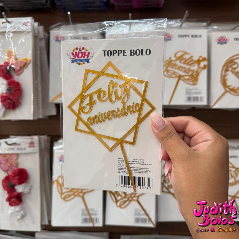 Topo de Bolo Feliz Aniversário Dourado