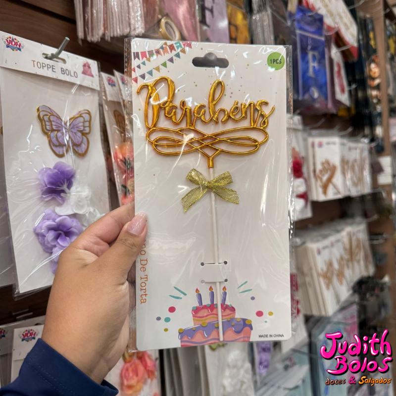 Topo de Bolo Parabéns - Dourado