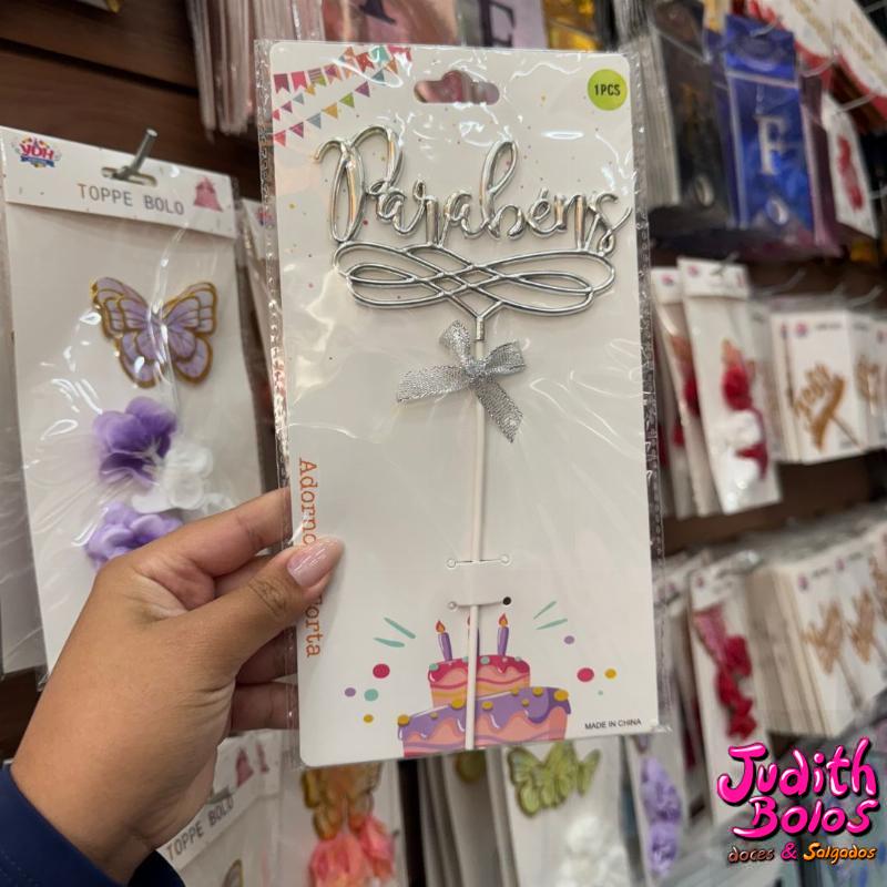 Topo de Bolo Parabéns - Prata