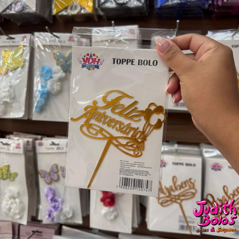 Topo de Bolo Feliz Aniversário - Dourado