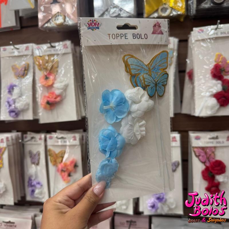Topo de Bolo - Borboletas /Flores Azul